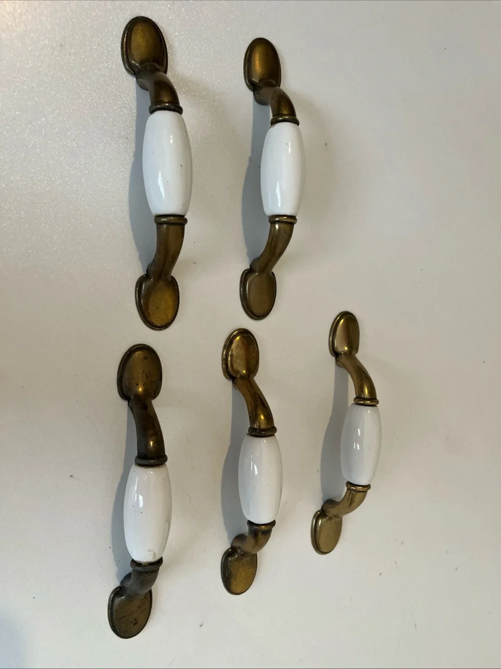 Vintage White Ceramic & Brass Cabinet Drawer Pulls  Set of 5 Handles Hardware